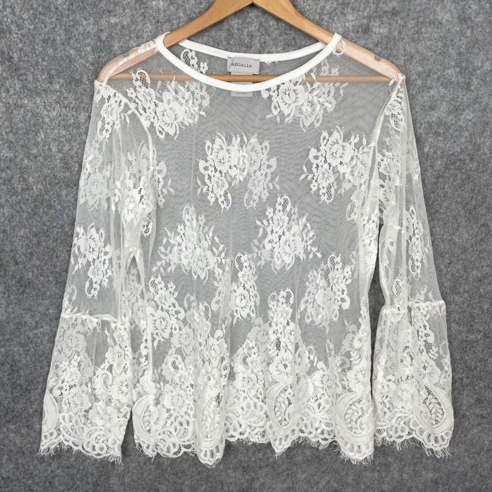 Womens White Sheer Floral Lace Bell Sleeve Top Size L Romantic Ethereal Delicate